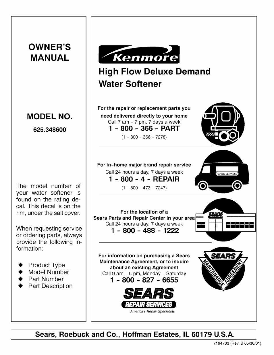 Owner’s, Manual, High flow deluxe demand water softener | Ken more, Owner’s manual model no | Kenmore 625.3486 User Manual | Page 32 / 32