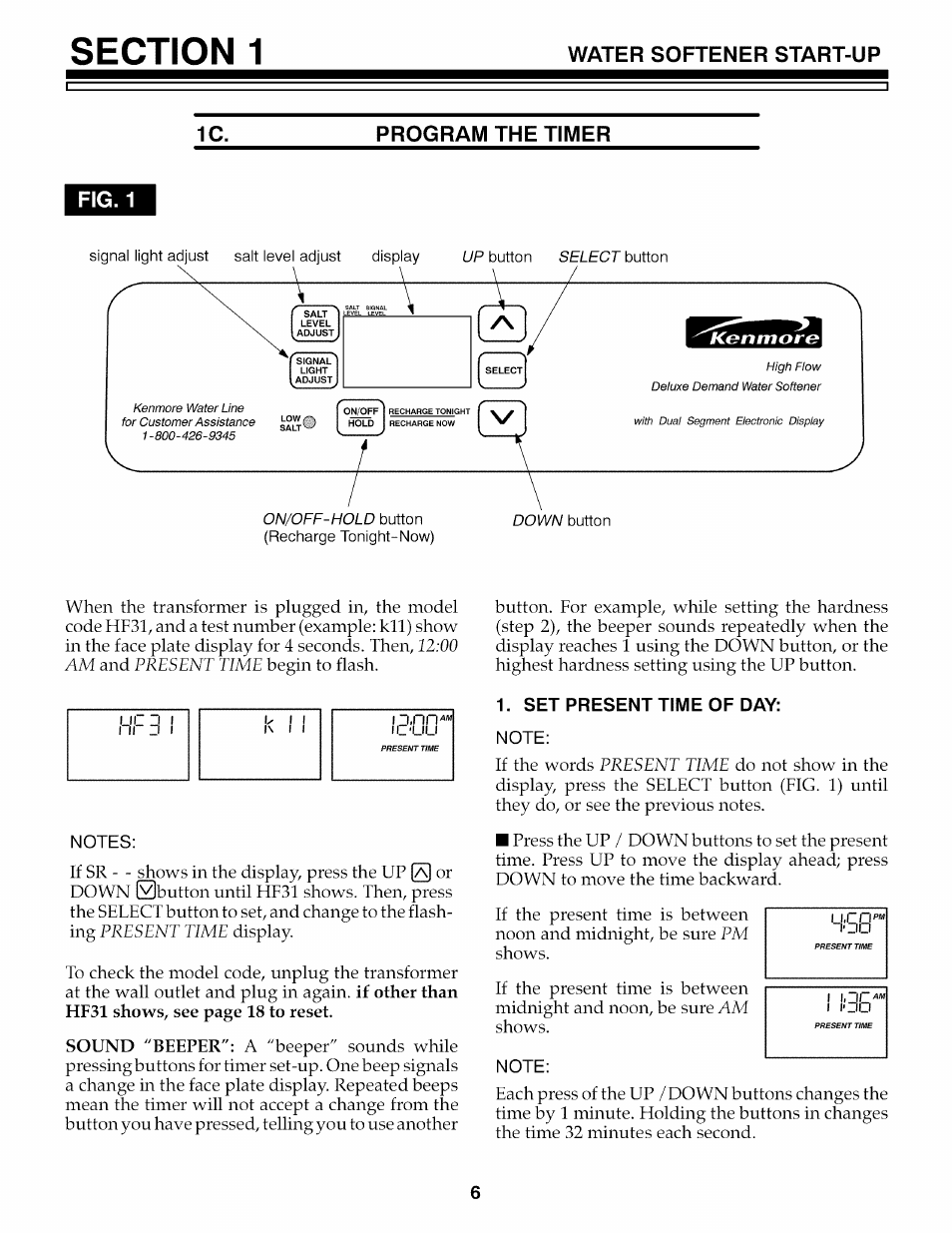 Program the timer, Fig. 1, Set present time of day | Water softener start-up, Program the timer fig. 1 | Kenmore 625.3486 User Manual | Page 6 / 32