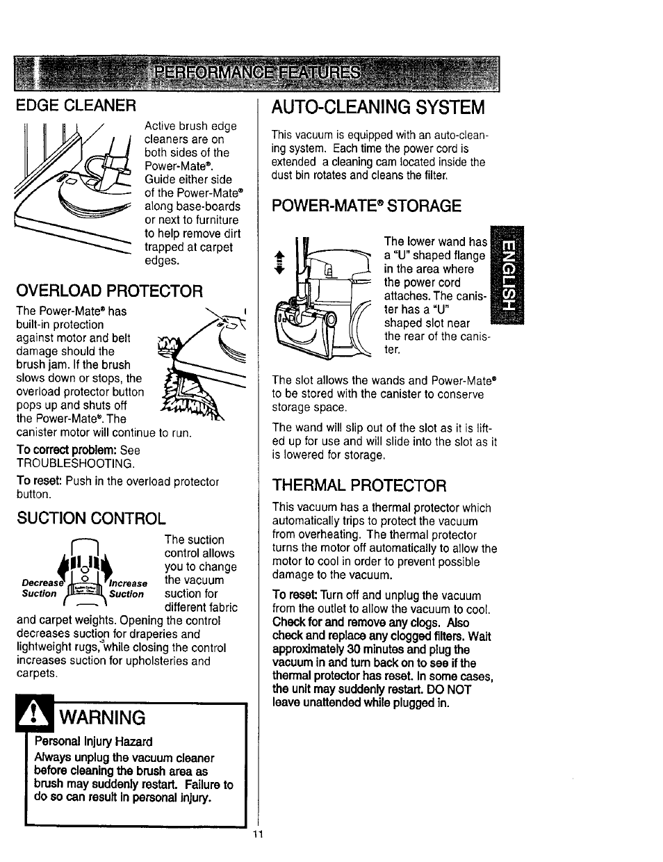 Edge cleaner, Overload protector, Suction control | Warning, Auto-cleaning system, Power-mate® storage, Thermal protector | Kenmore 116.23637C User Manual | Page 11 / 21