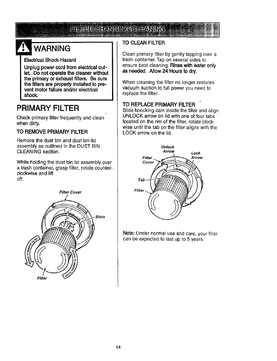 Warning, Primary filter | Kenmore 116.23637C User Manual | Page 14 / 21