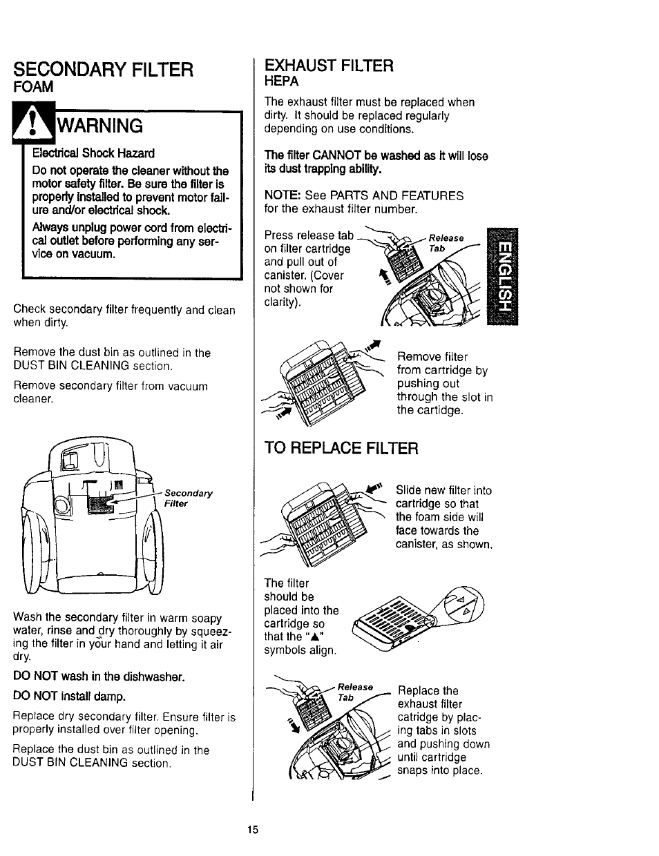 Secondary filter, Foam, Warning | Exhaust filter, To replace filter | Kenmore 116.23637C User Manual | Page 15 / 21