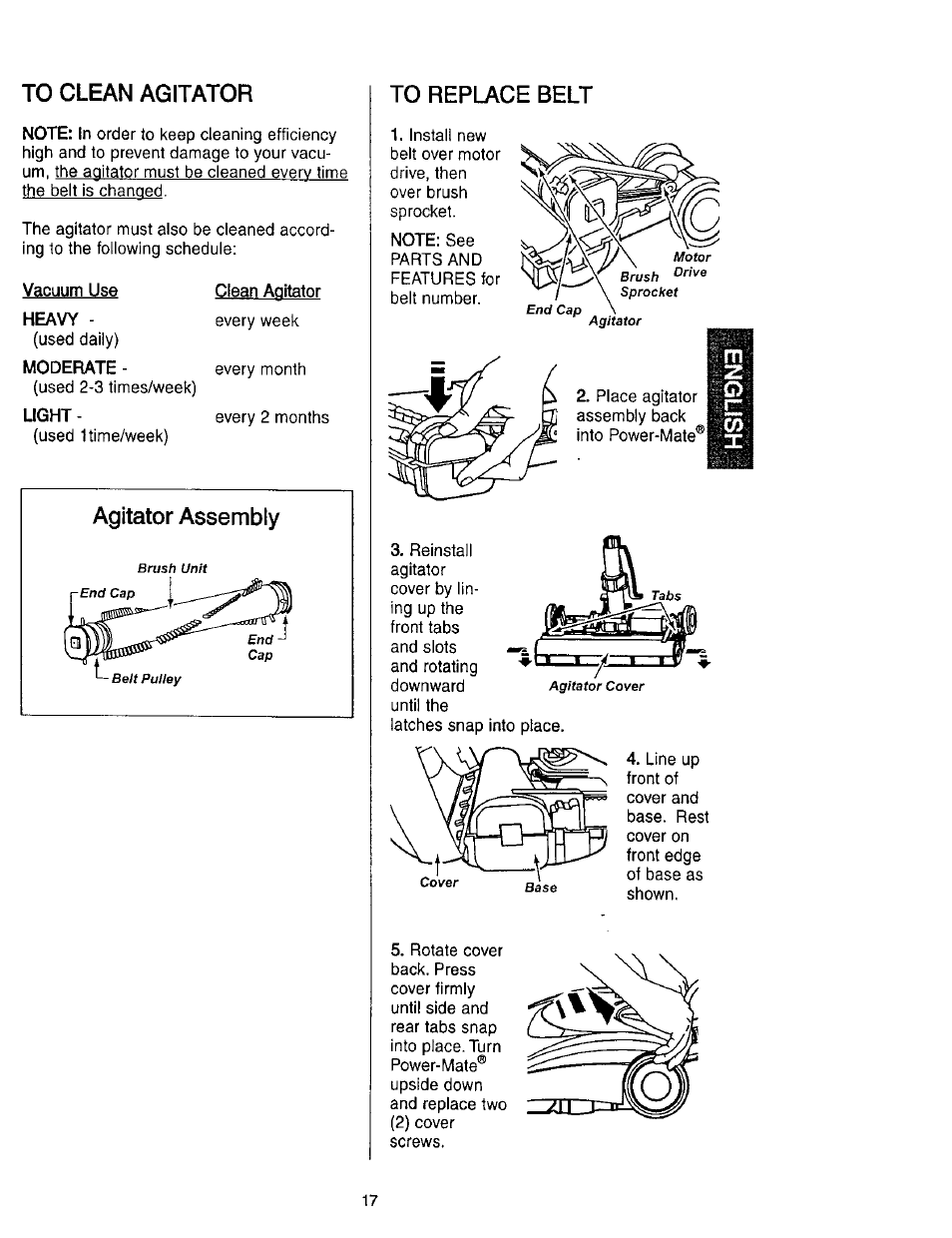 To clean agitator, To replace belt | Kenmore 116.23637C User Manual | Page 17 / 21