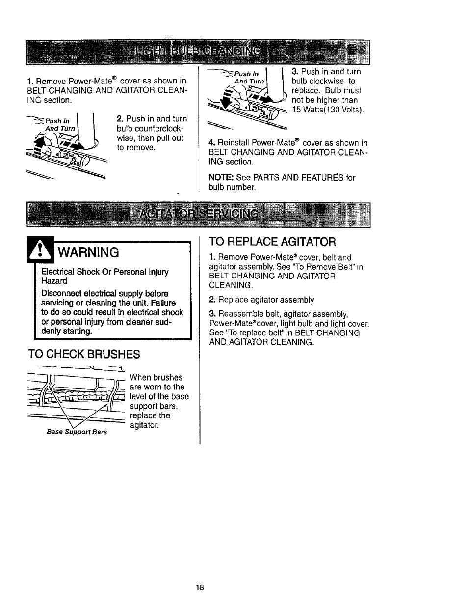 Warning, To check brushes, To replace agitator | Agitaippiservlcing | Kenmore 116.23637C User Manual | Page 18 / 21