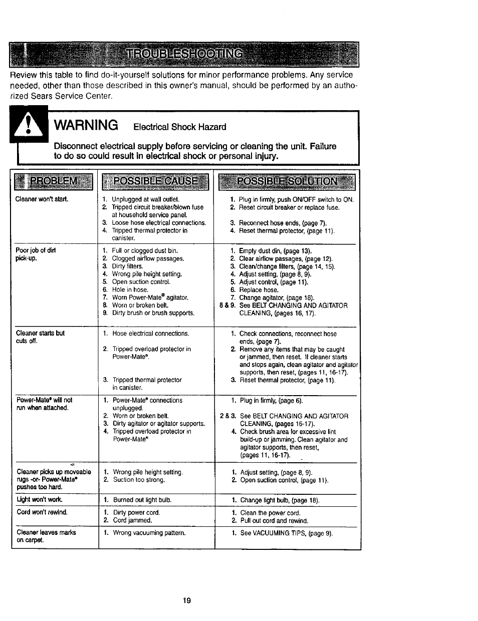 Warning electrical shock hazard, Warning | Kenmore 116.23637C User Manual | Page 19 / 21