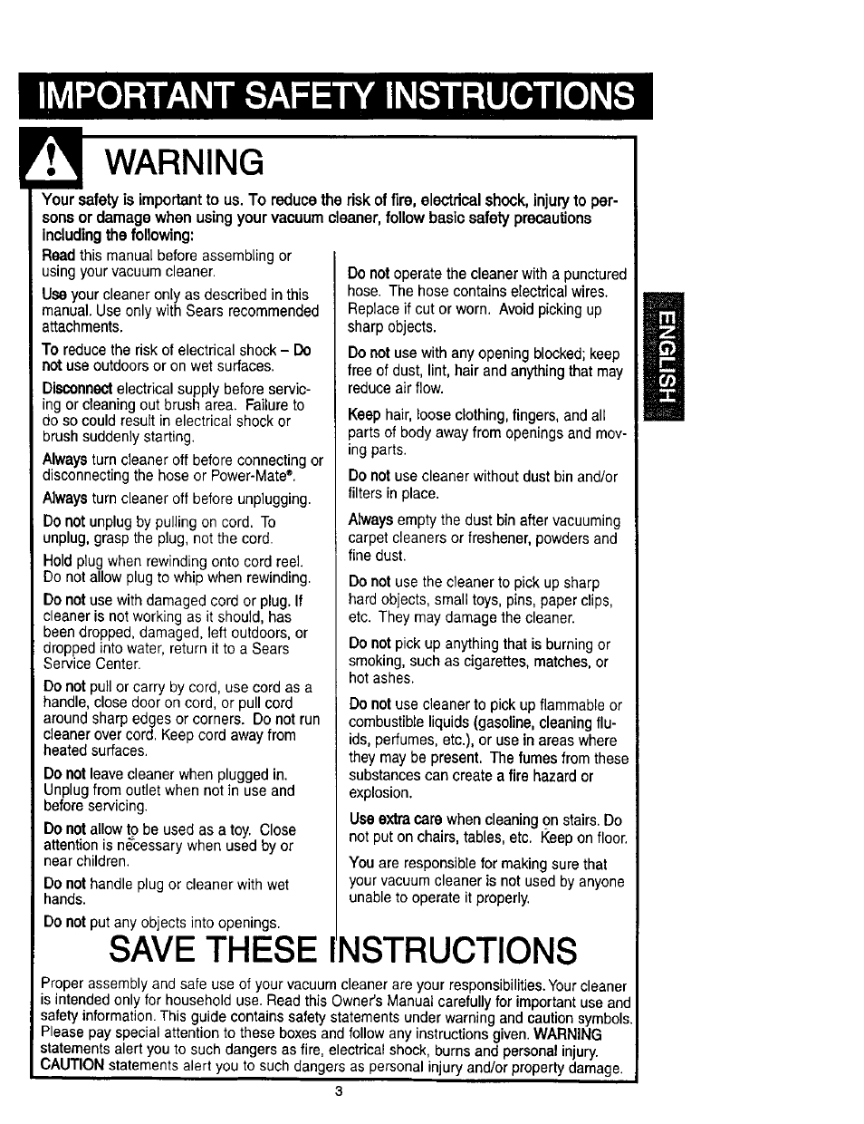 Warning, Save these instructions, Important safety instructions | Kenmore 116.23637C User Manual | Page 3 / 21