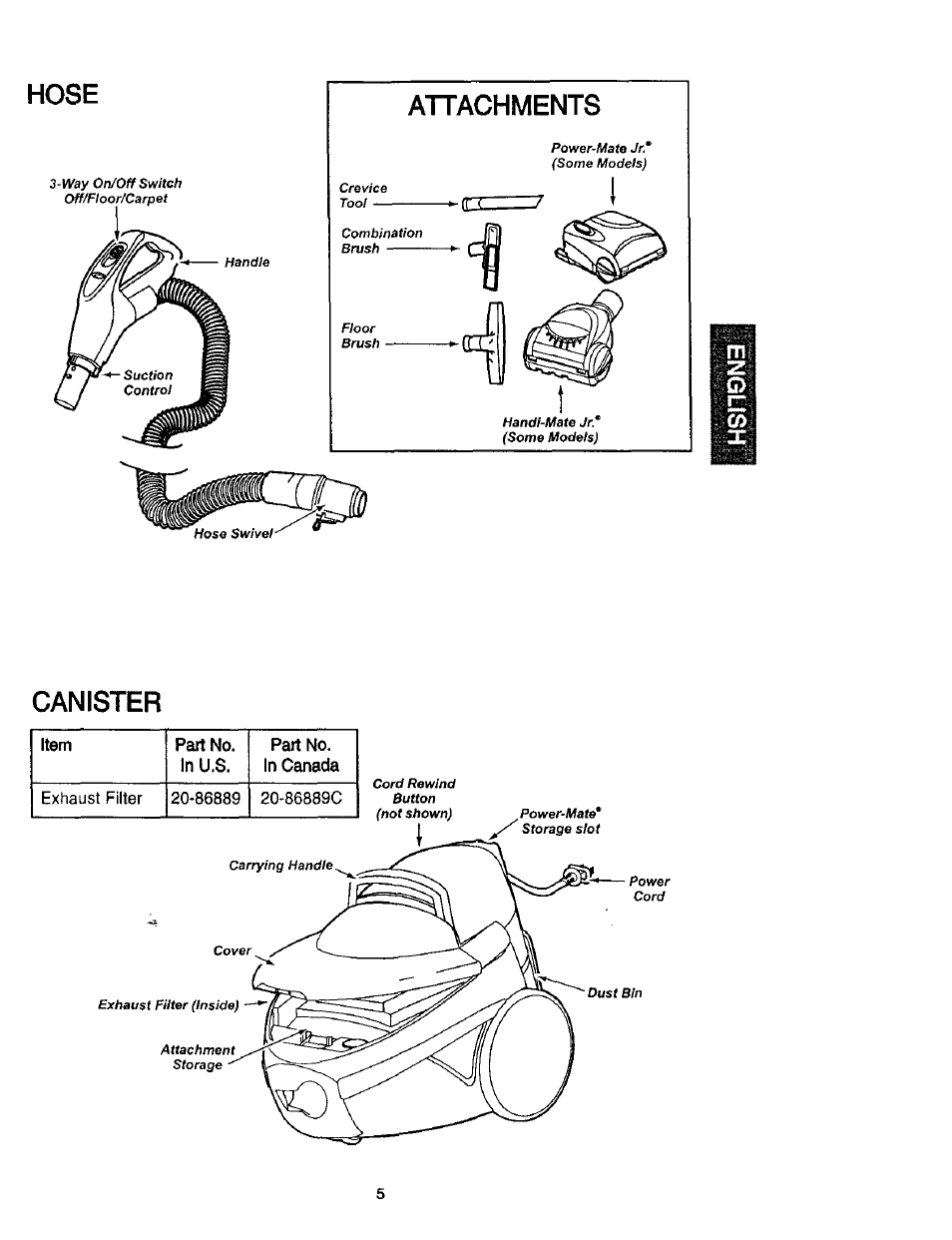 Hose, Attachments, Canister | Hose attachments | Kenmore 116.23637C User Manual | Page 5 / 21