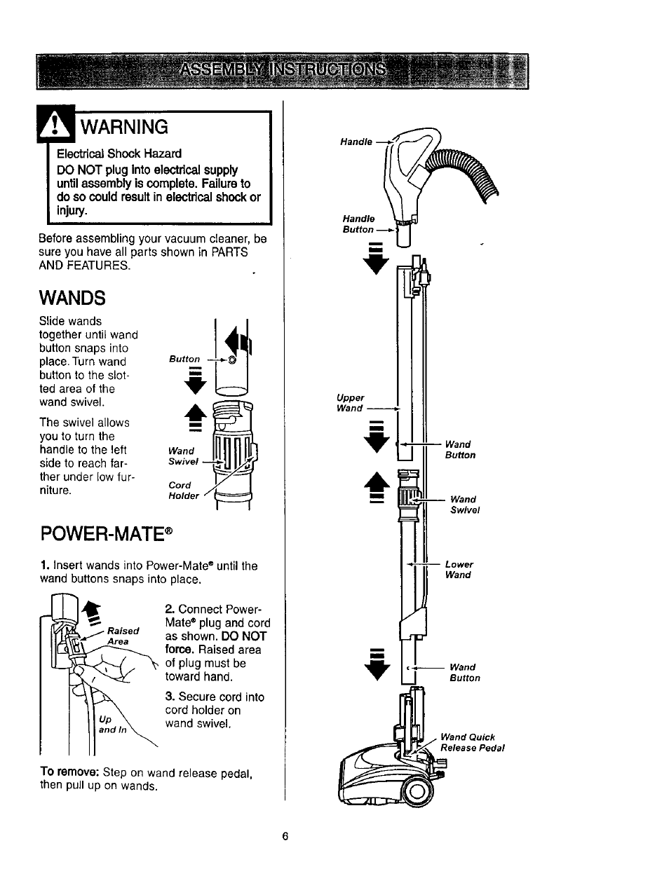 Warning, Wands, Power-mate | Kenmore 116.23637C User Manual | Page 6 / 21