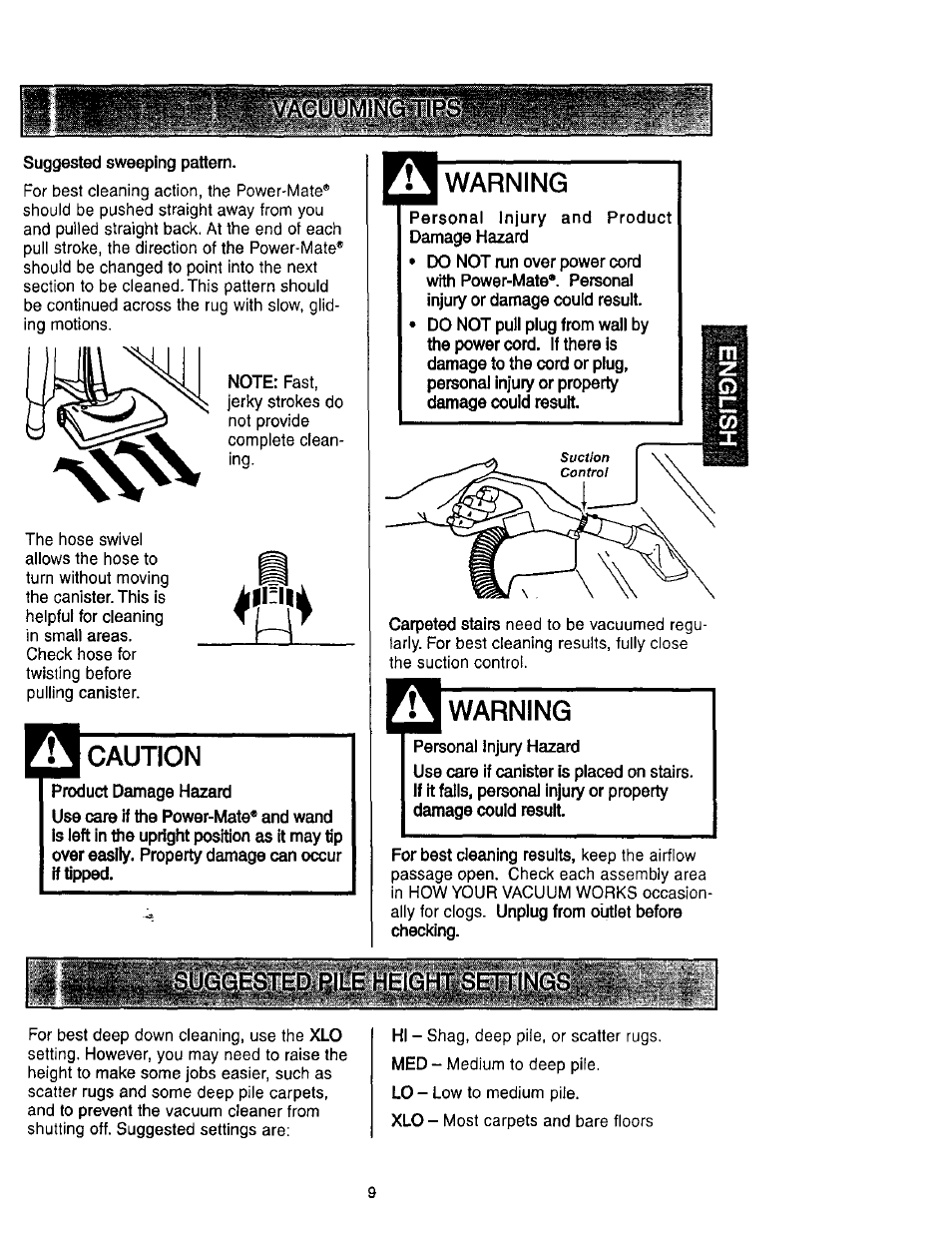 Suggested sweeping pattern, Caution, Warning | Kenmore 116.23637C User Manual | Page 9 / 21