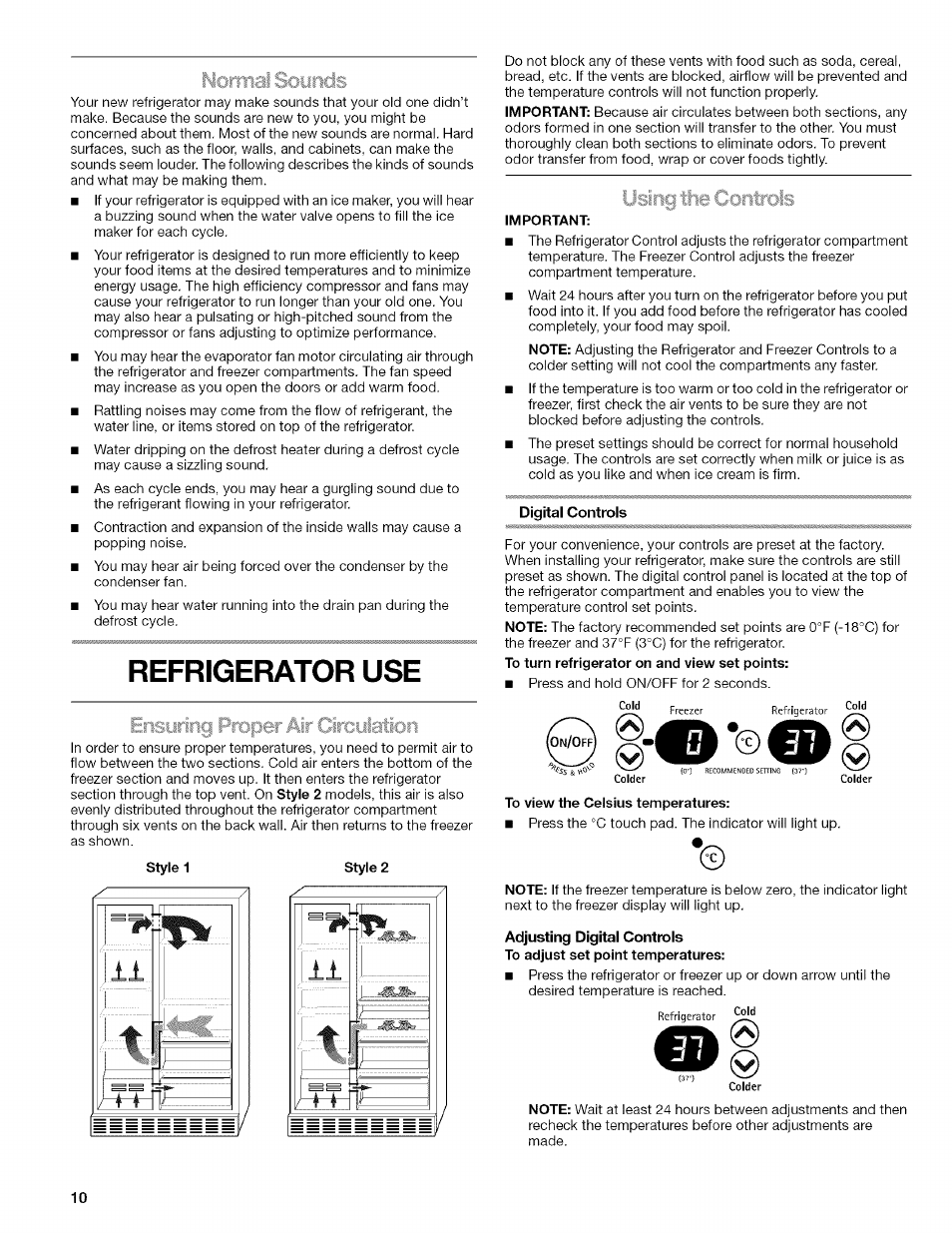 Refrigerator use, Ensyring proper m roroylation, Digital controls | Adjusting digitai controis | Kenmore 2318589 User Manual | Page 10 / 84