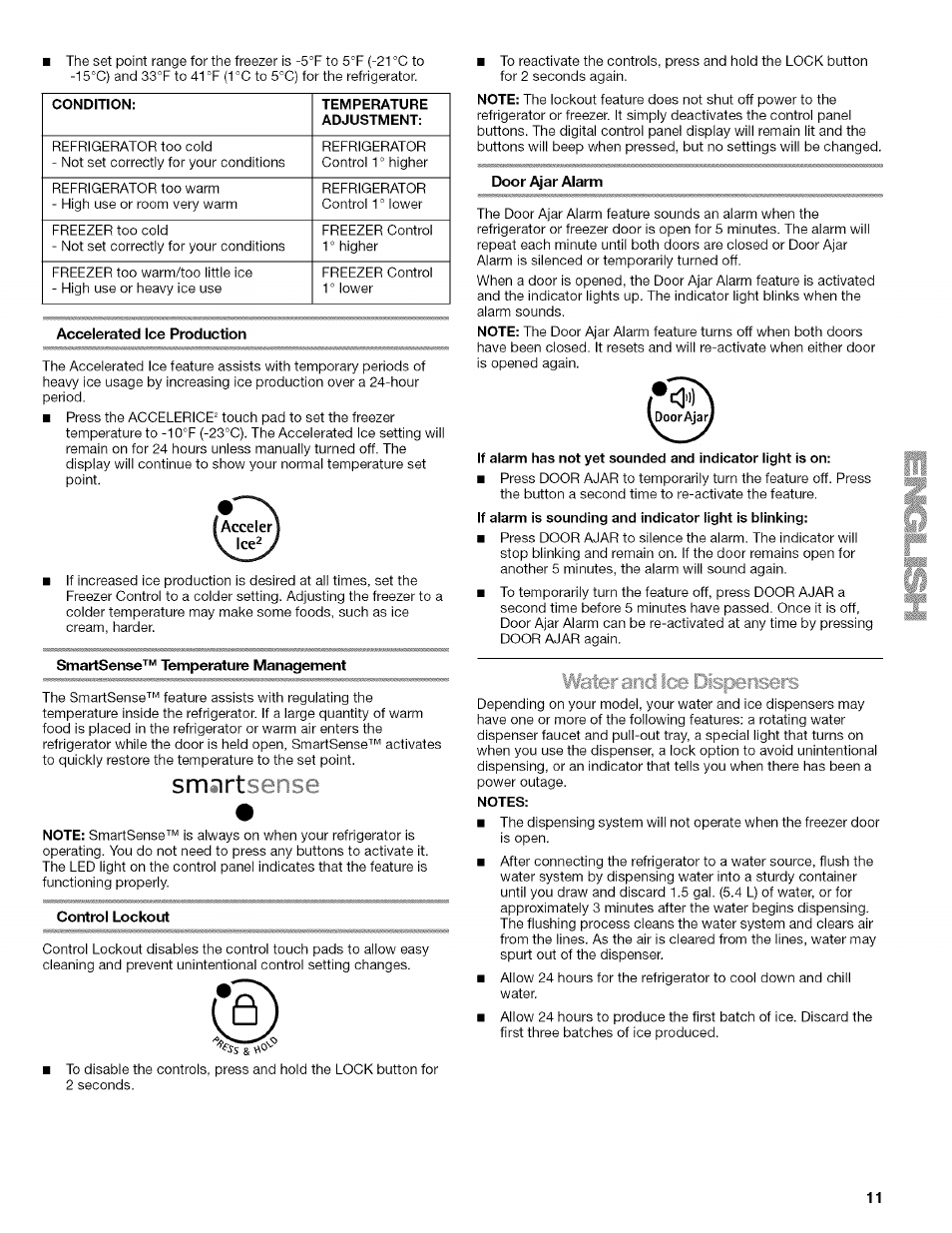 Accelerated ice production, Smartsense^“ temperature management, Control lockout | Door ^ar alarm, I*' 5 t | Kenmore 2318589 User Manual | Page 11 / 84