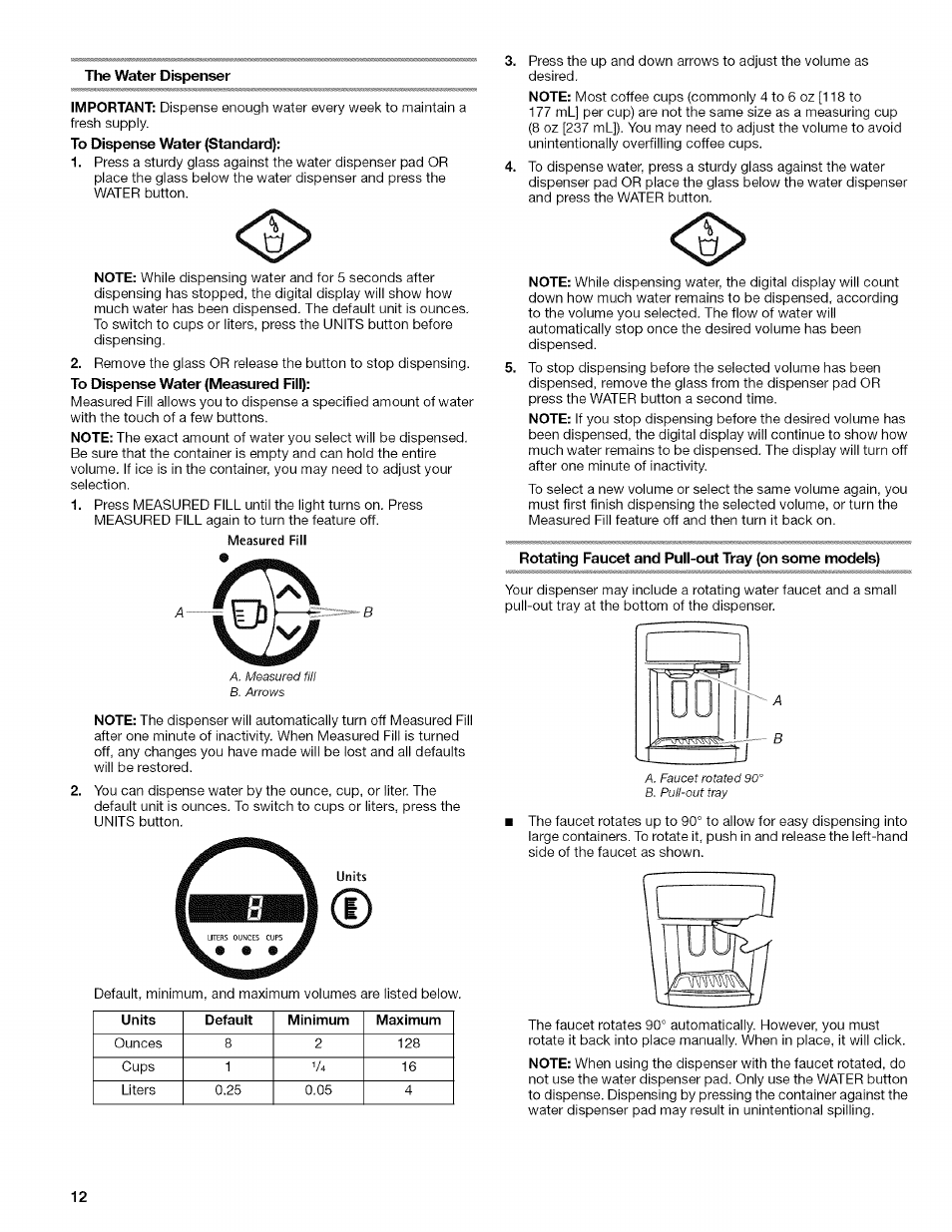 The water dispenser, Rotating faucet and pull-out tray (on some models) | Kenmore 2318589 User Manual | Page 12 / 84