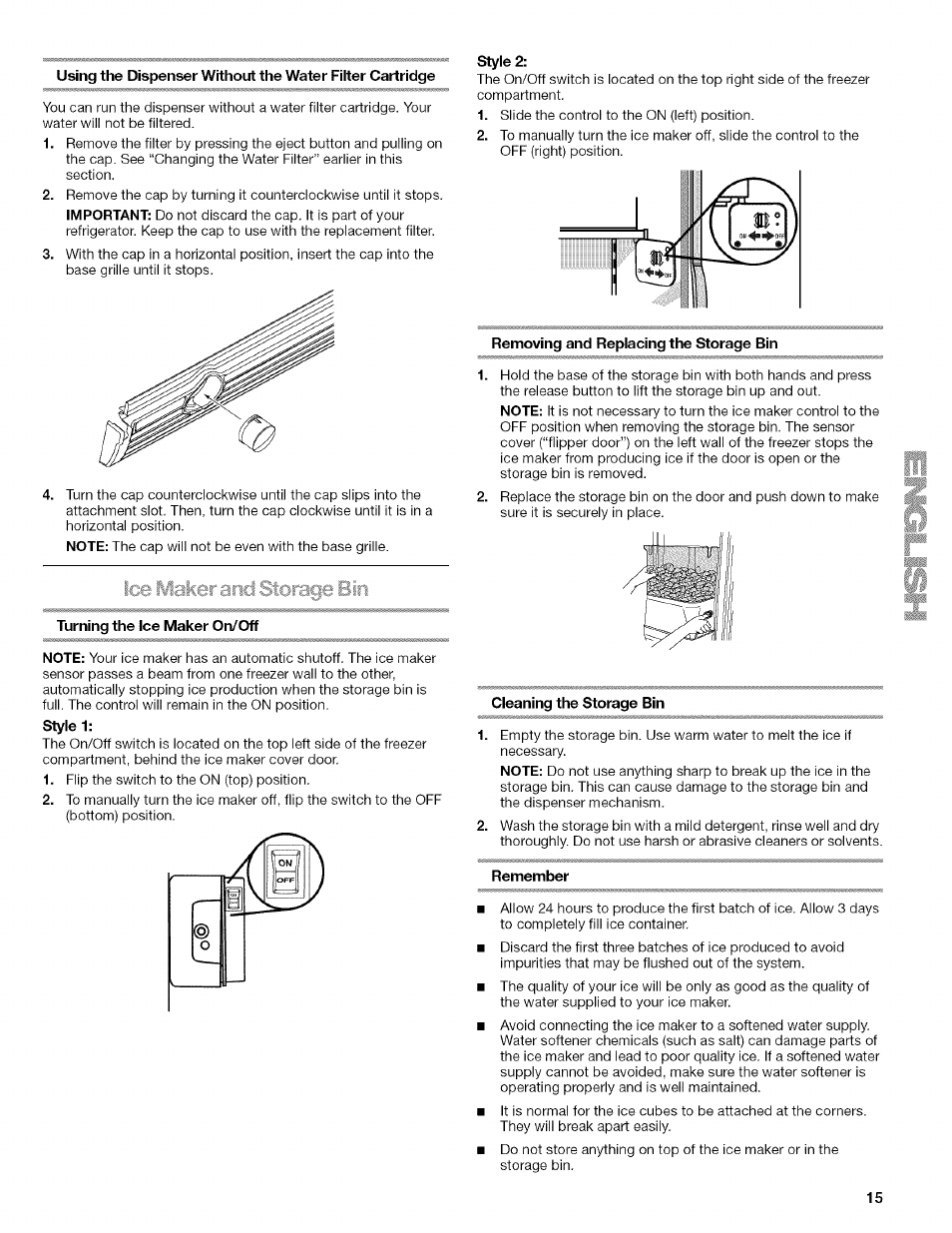 Turning the ice maker on/off, Style 2, Removing and replacing the storage bin | Cleaning the storage bin, Remember | Kenmore 2318589 User Manual | Page 15 / 84