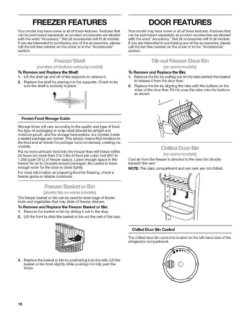 Freezer features, Freezer features door features, Tift-out:'' ■■■■■■ ■ 4 :, ■ in | Kenmore 2318589 User Manual | Page 18 / 84