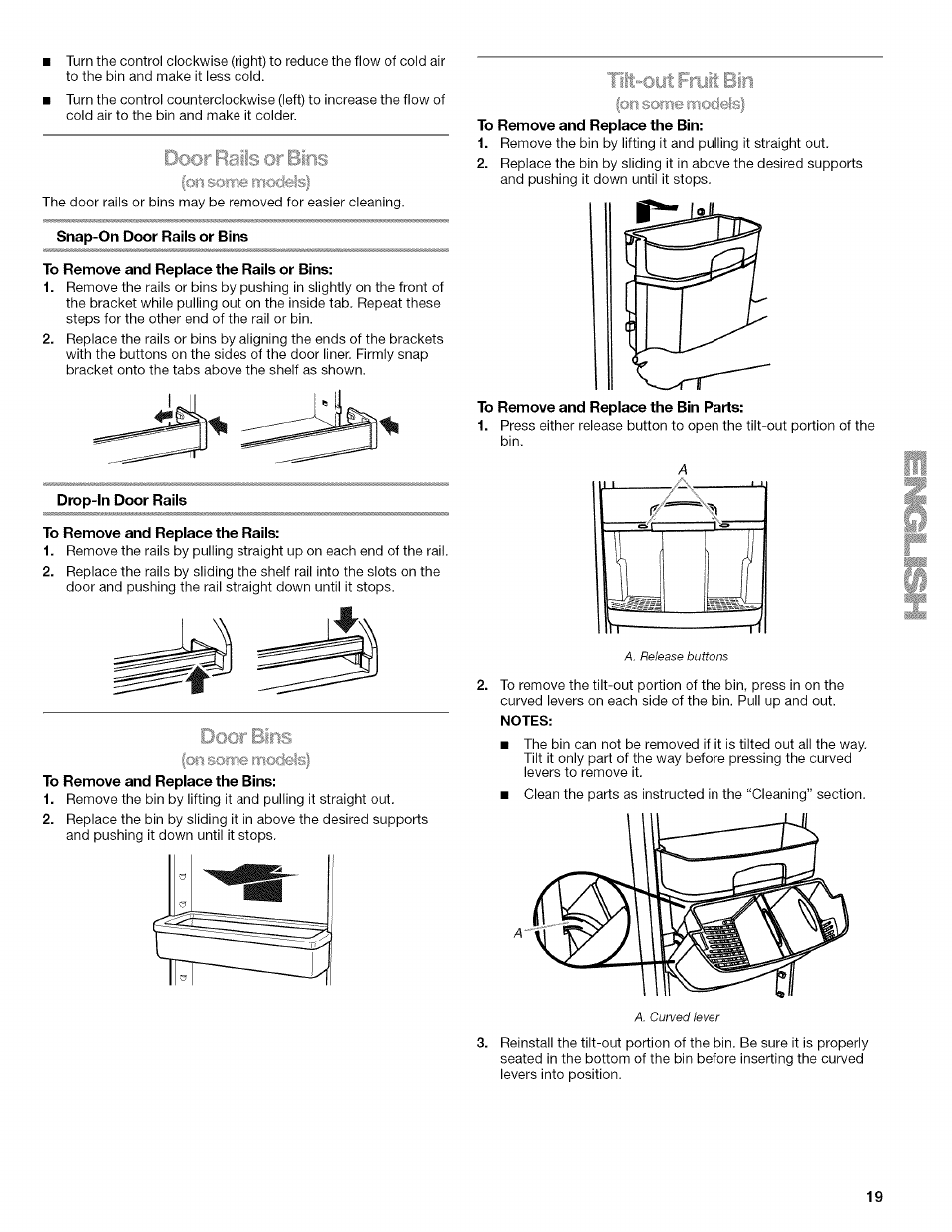 Door rails or bins, Snap-on door rails or bins, To remove and replace the rails or bins | Drop-in door re to remove and replace the rails, To remove and replace the bins, To remove and replace the bin, To remove and replace the bin parts | Kenmore 2318589 User Manual | Page 19 / 84