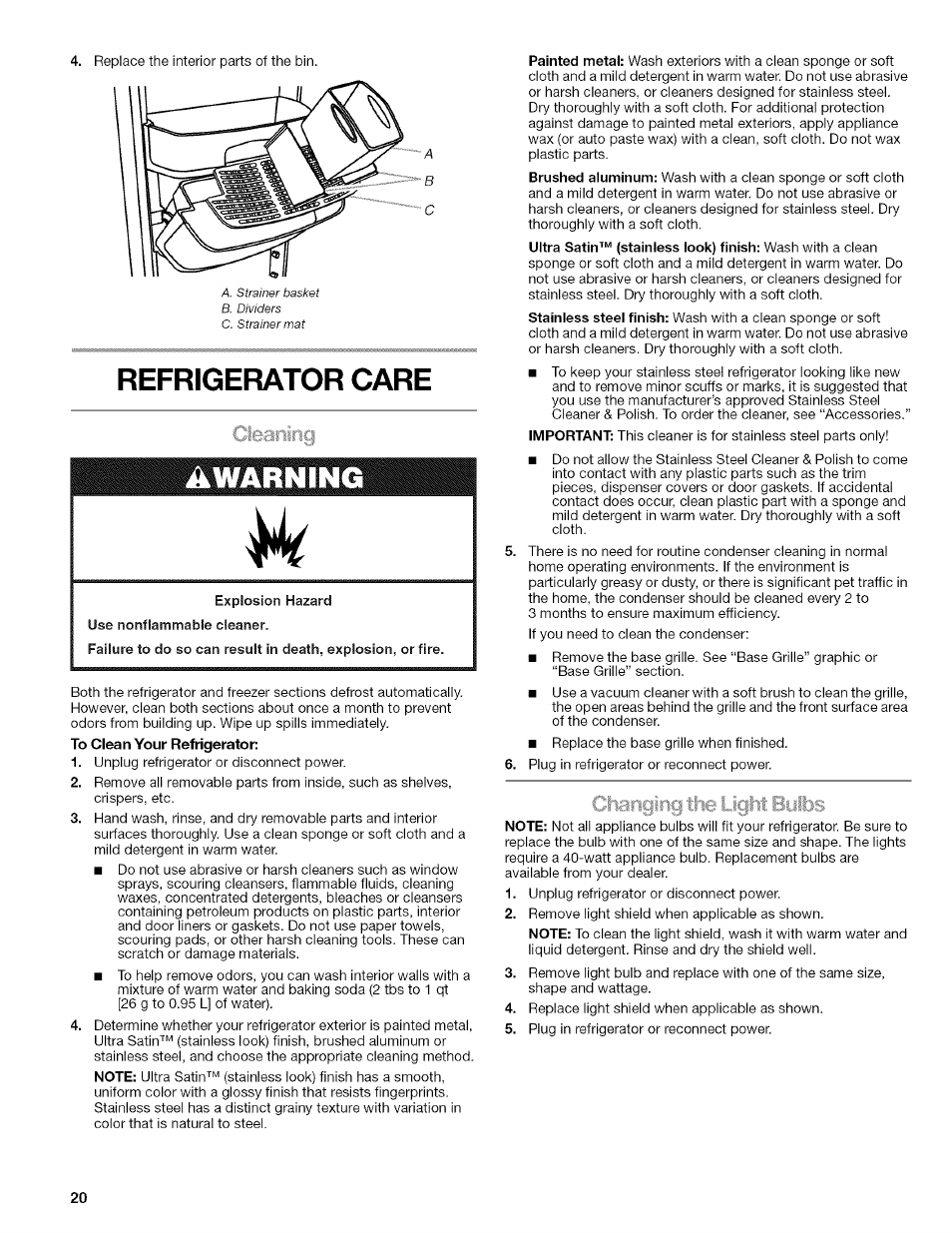 Refrigerator care, Cleaning | Kenmore 2318589 User Manual | Page 20 / 84