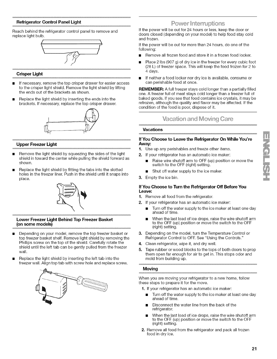 Refrigerator control panel light, Crisper light, Upper freezer light | Vacations, Moving | Kenmore 2318589 User Manual | Page 21 / 84