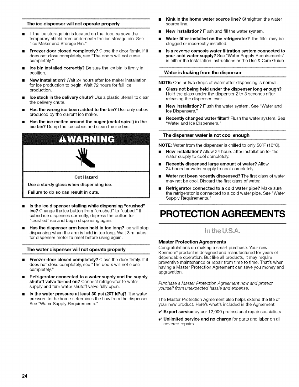 The ice dispenser wiii not operate properiy, The water dispenser wiii not operate properiy, Water is ieaking from the dispenser | The dispenser water is not cooi enough, Protection agreements, Master protection agreements | Kenmore 2318589 User Manual | Page 24 / 84