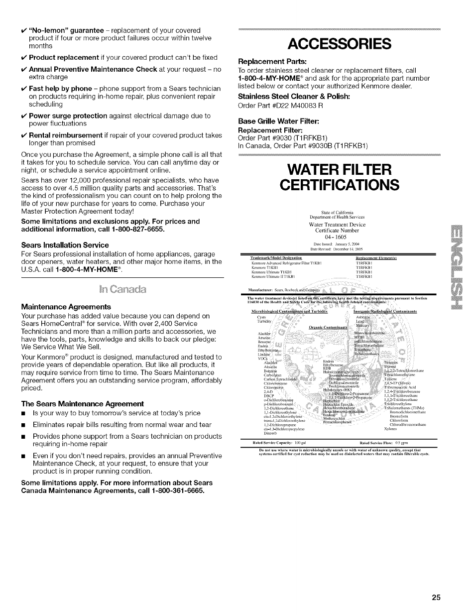 Accessories, Water filter certifications, Accessories water filter certifications | Kenmore 2318589 User Manual | Page 25 / 84