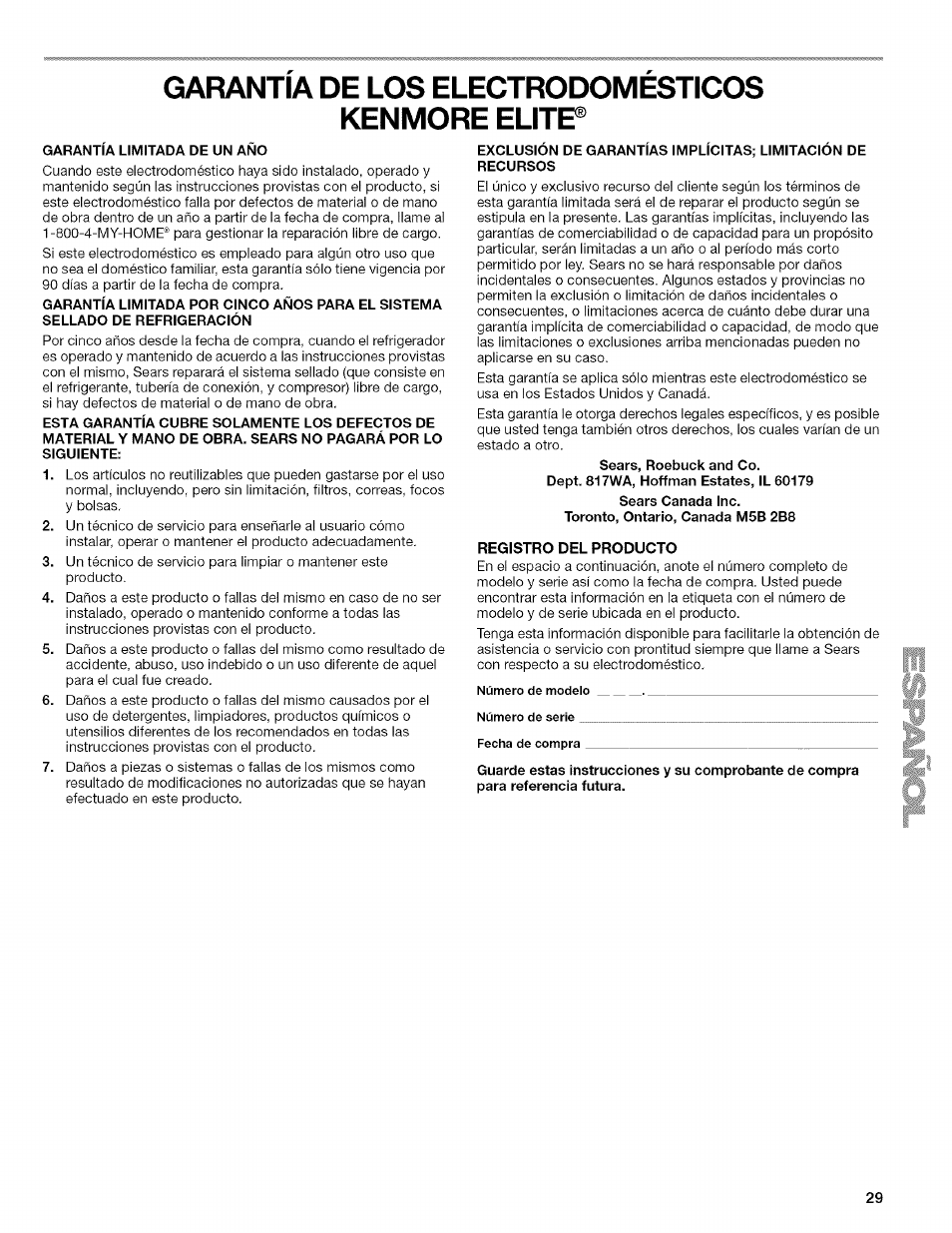Garantia de los electrodomesticos, Kenmore elitp, Registro del producto | Garantia de los electrodomesticos kenmore elitp | Kenmore 2318589 User Manual | Page 29 / 84