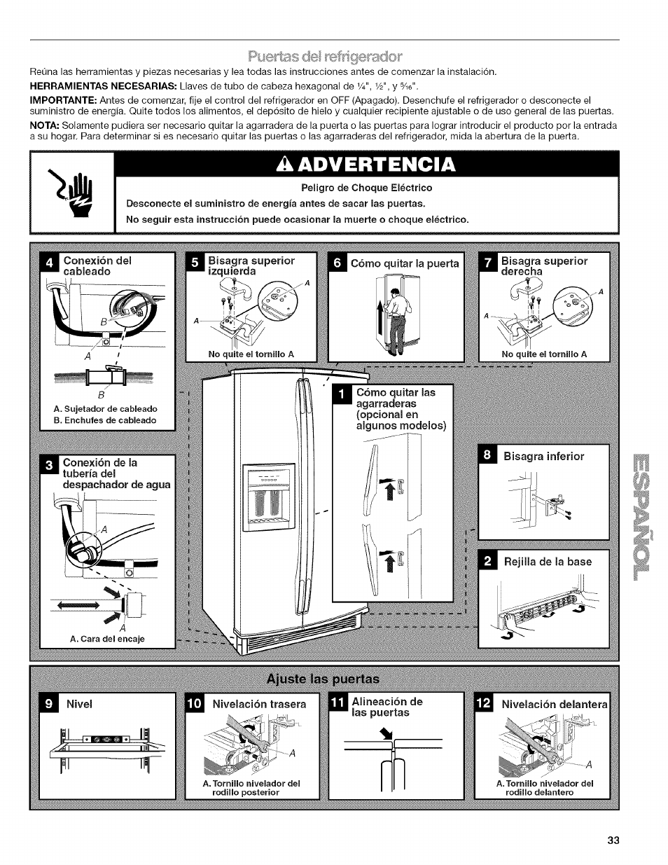Pyertas dei refrigerador, Conexión de la tubería del, Nivel | Alineación de las puertas, Puertas del refrigerador, Advertencia | Kenmore 2318589 User Manual | Page 33 / 84