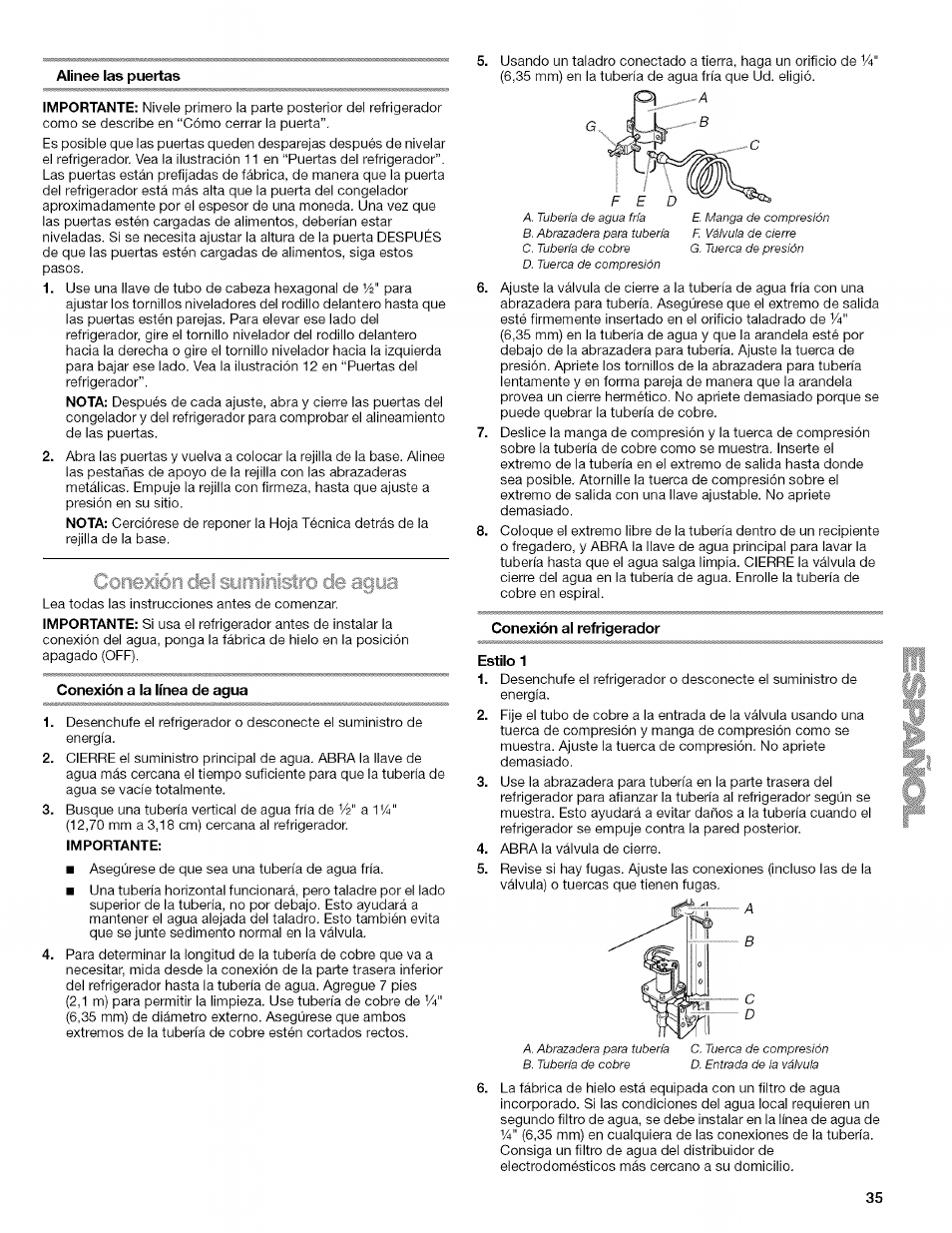 Alinee las puertas, Conexión a la línea de agua, Conexión al refrigerador | Estilo 1 | Kenmore 2318589 User Manual | Page 35 / 84