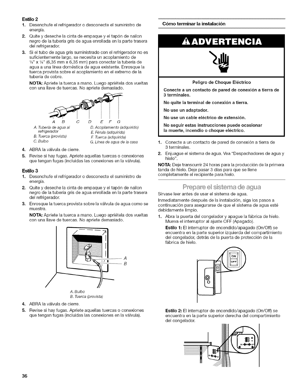 Estilo 2, Cómo terminar la instalación, Estilo 3 | Aadvertencia | Kenmore 2318589 User Manual | Page 36 / 84