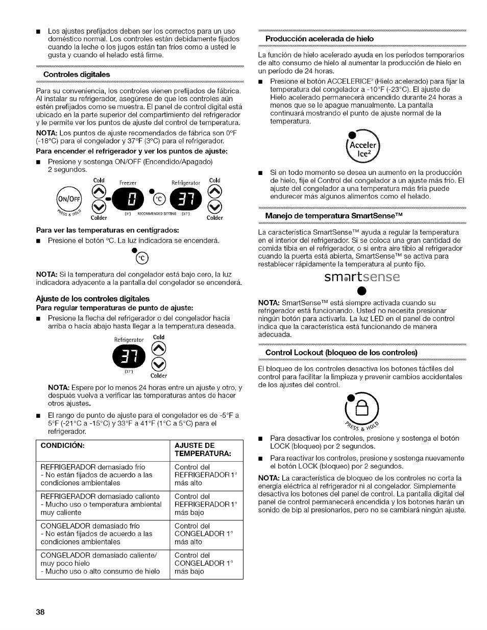 Controles digitales, Ajuste de los controles digitales, Producción acelerada de hielo | Manejo de temperatura smartsense, Control lockout (bloqueo de los controles) | Kenmore 2318589 User Manual | Page 38 / 84