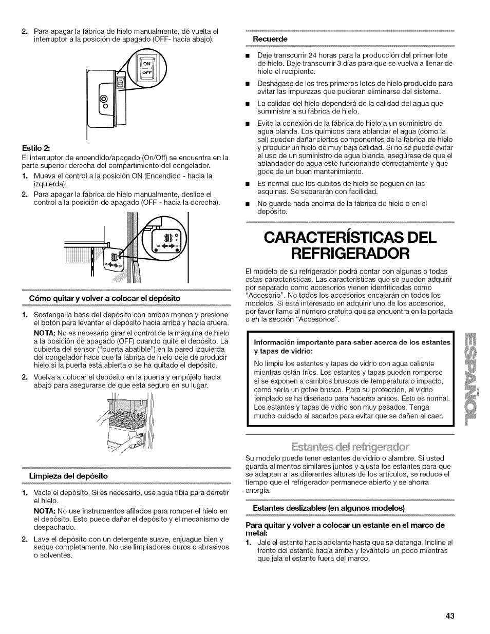 Caracteristicas del refrigerador, Características del refrigerador | Kenmore 2318589 User Manual | Page 43 / 84