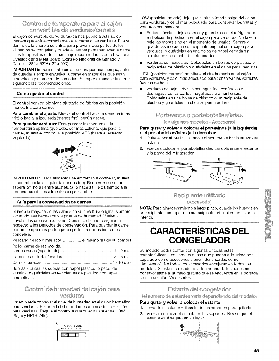 Caracteristicas del congelador, Características del congelador | Kenmore 2318589 User Manual | Page 45 / 84