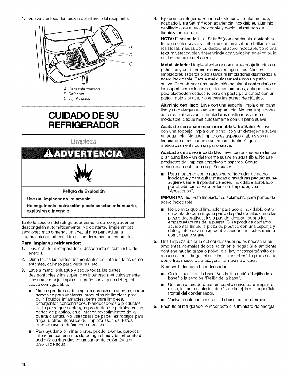 Cuidado de su refrigerador, Limpieza | Kenmore 2318589 User Manual | Page 48 / 84