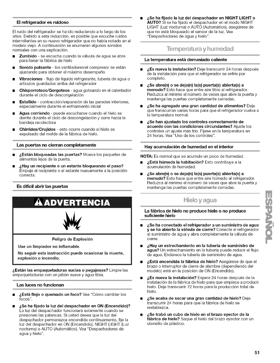 El refrigerador es ruidoso, Irrieíjacj, La temperatura está demasiado caliente | Las puertas no cierran completamente, Es difícil abrir las puertas, Hay acumulación de humedad en el interior, Las luces no funcionan, Mm y agya, Y agya | Kenmore 2318589 User Manual | Page 51 / 84