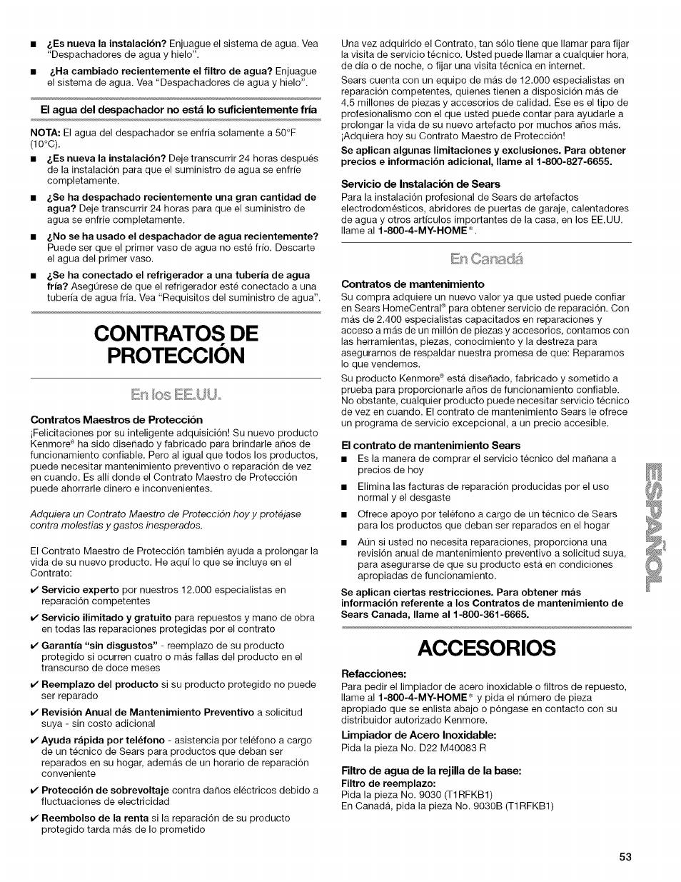 Contratos de protección, Contratos maestros de protección, Servicio de instaiación de sears | Contratos de mantenimiento, El contrato de mantenimiento sears, Accesorios, Refacciones, Filtro de agua de la rejilla de la base | Kenmore 2318589 User Manual | Page 53 / 84