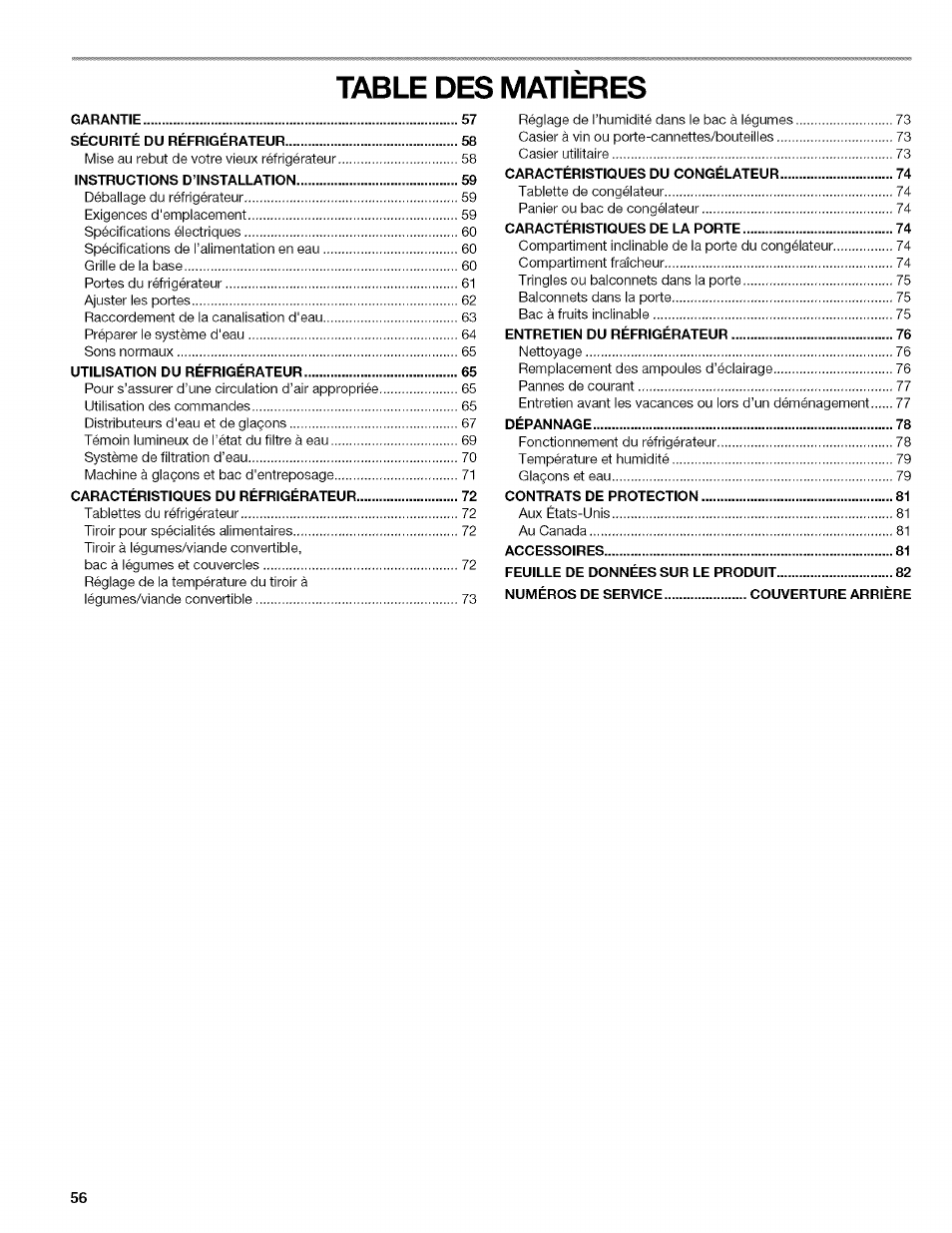 Table des matieres | Kenmore 2318589 User Manual | Page 56 / 84