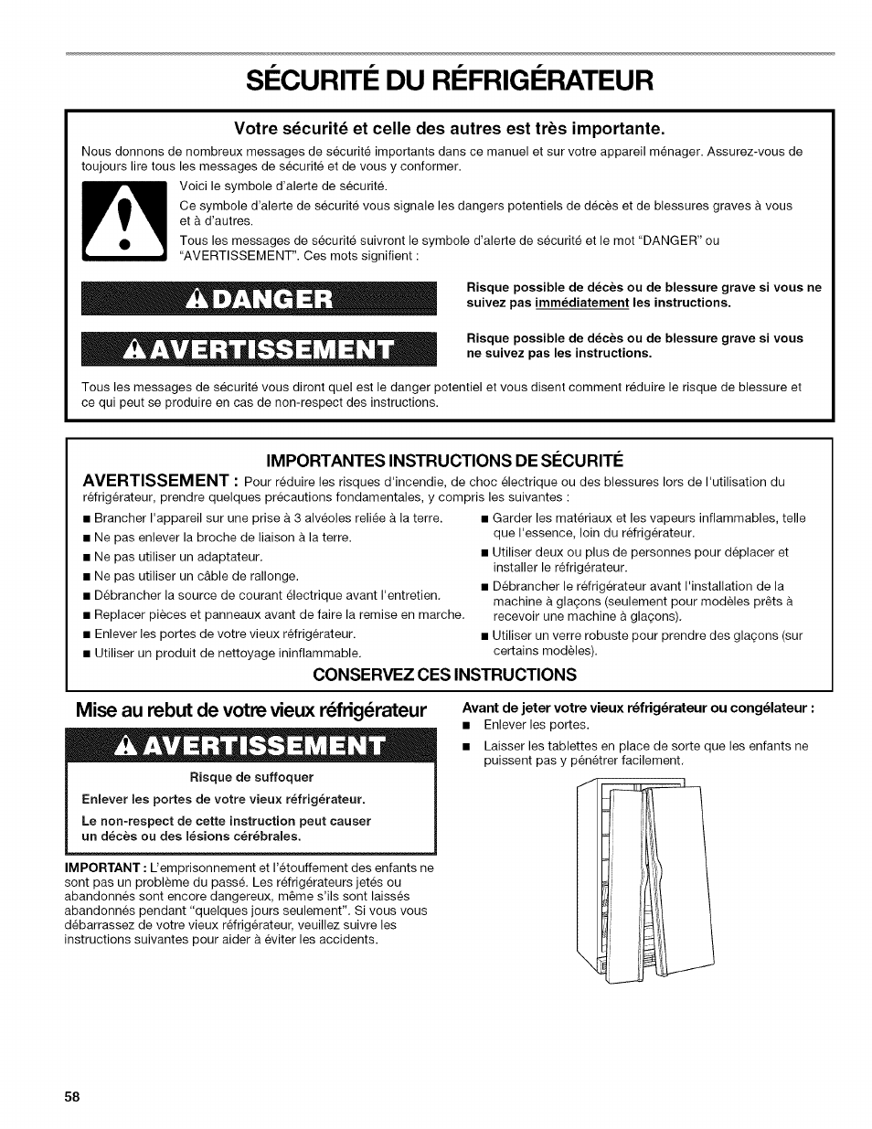 Securite du refrigerateur, Importantes instructions de securite, Conservez ces instructions | Mise au rebut de votre vieux réfrigérateur, Sécurité du réfrigérateur | Kenmore 2318589 User Manual | Page 58 / 84