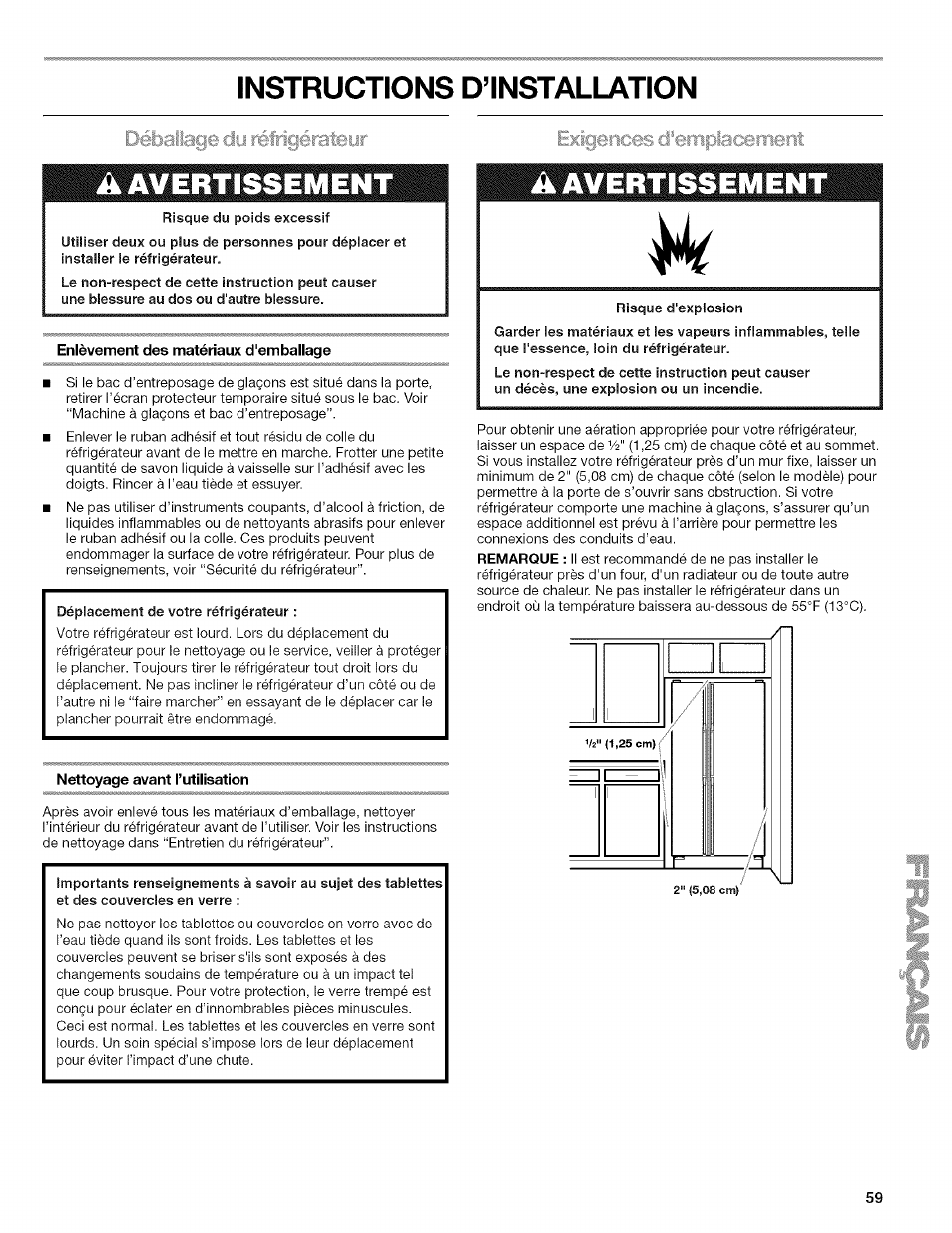 Instructions d’installation, Ïciy réfrigérateijr, A avertissement | Enlèvement des matériaux d'emballage, Nettoyage avant l’utilisation | Kenmore 2318589 User Manual | Page 59 / 84