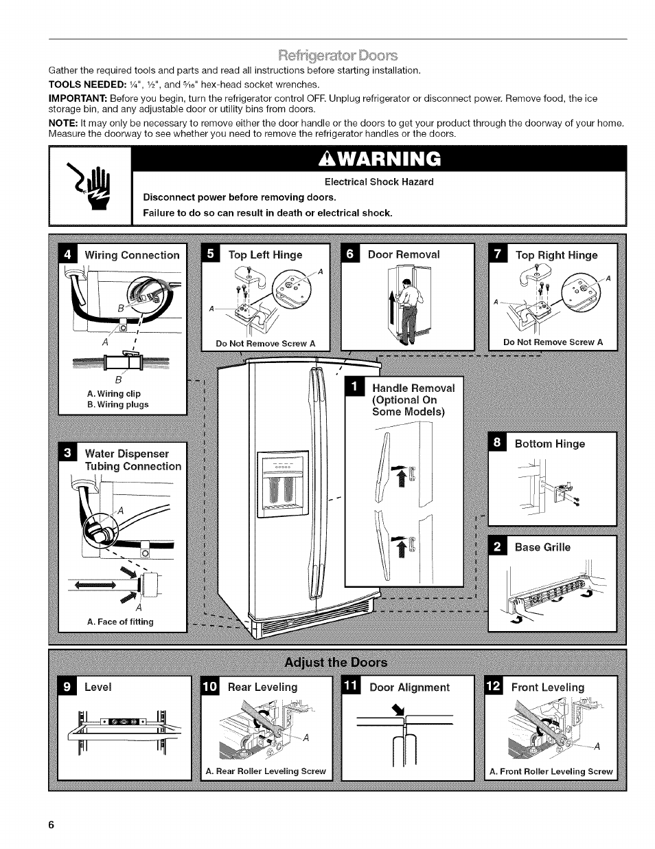 Refrigerator doors, Awarning | Kenmore 2318589 User Manual | Page 6 / 84