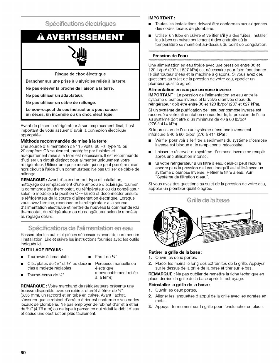 Spéciications de i’aimentation en eaa, Pression de l'eau, Retirer la grille de la base | Spécifications de l’alimentation en eau, Avertissement, Spécifications électriqy es | Kenmore 2318589 User Manual | Page 60 / 84