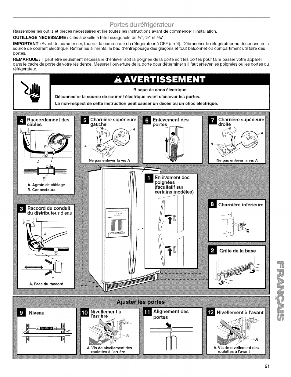 Fortes<'■ îfattsur, Ajuster les portes, Niveau | Alignement des portes, Cjly, Avertissement | Kenmore 2318589 User Manual | Page 61 / 84