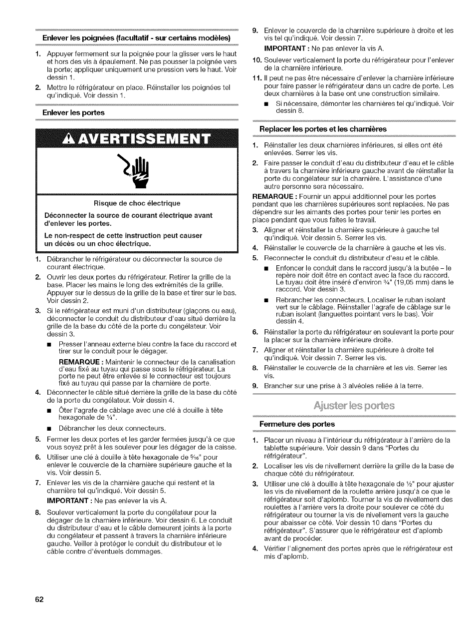Enlever les portes, A avertissement, Replacer les portes et les charnières | Fermeture des portes | Kenmore 2318589 User Manual | Page 62 / 84