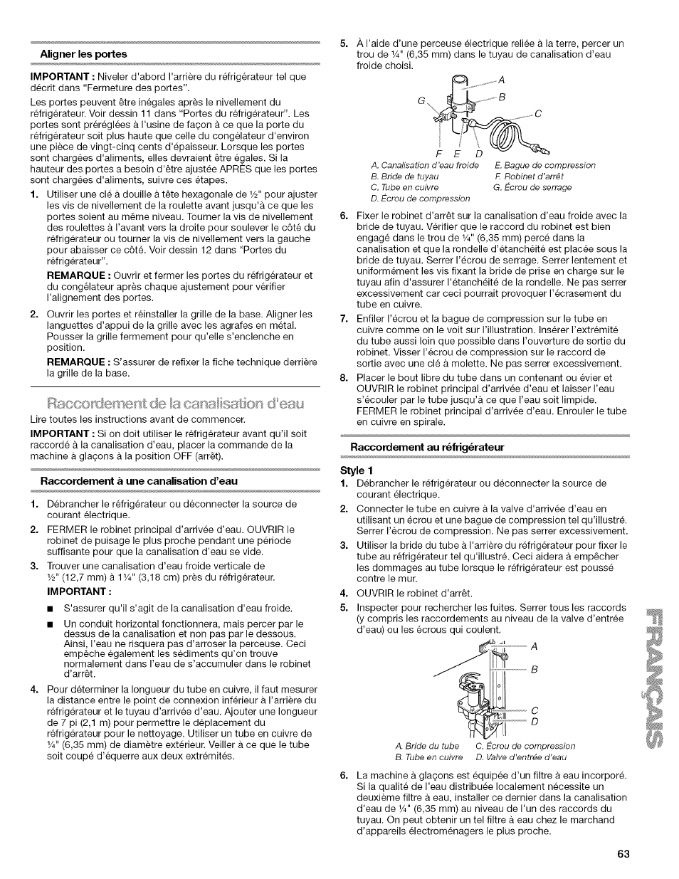 Aligner les portes, Raccortienient de la canaisaticin cl'eay, Raccordement à une canalisation d’eau | Raccordement au réfrigérateur, Style 1, Raccordement de la canalisation d'eau | Kenmore 2318589 User Manual | Page 63 / 84