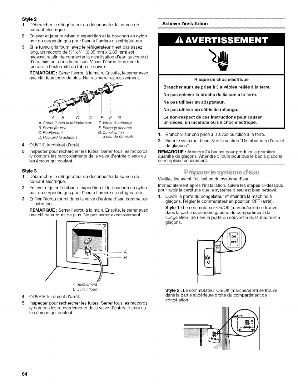 Style 2, Achever l’installation, Style 3 | A avertissement, Avertissement | Kenmore 2318589 User Manual | Page 64 / 84
