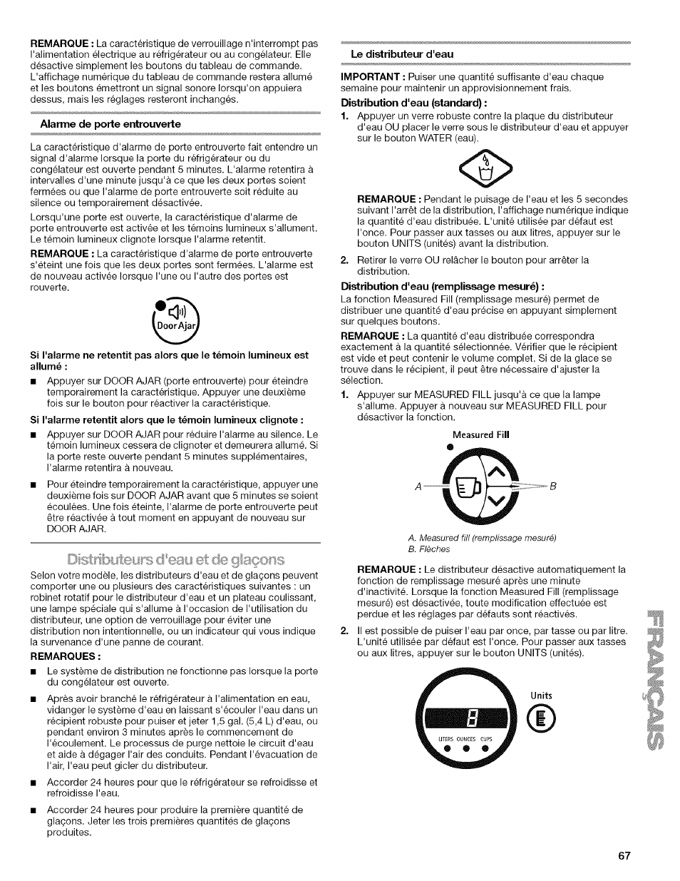 Alarme de porte entrouverte, Le distributeur d'eau | Kenmore 2318589 User Manual | Page 67 / 84