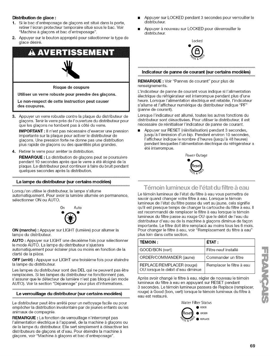 Distribution de glace, La lampe du distributeur (sur certains modèies) | Kenmore 2318589 User Manual | Page 69 / 84