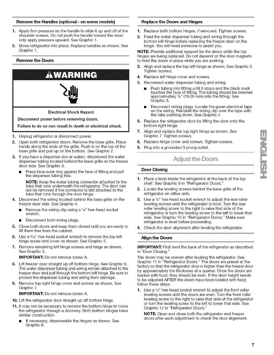 Remove the handles (optional - on some models), Replace the doors and hinges, Door closing | Align the doors | Kenmore 2318589 User Manual | Page 7 / 84