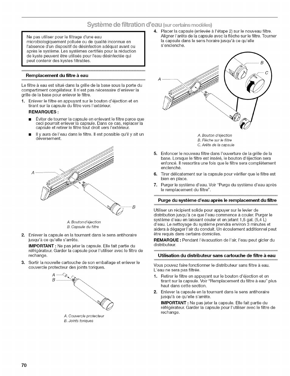 Système de fitration d'eau {sur eertains modèles, Remplacement du filtre à eau, Système de fitration d'eau | Kenmore 2318589 User Manual | Page 70 / 84