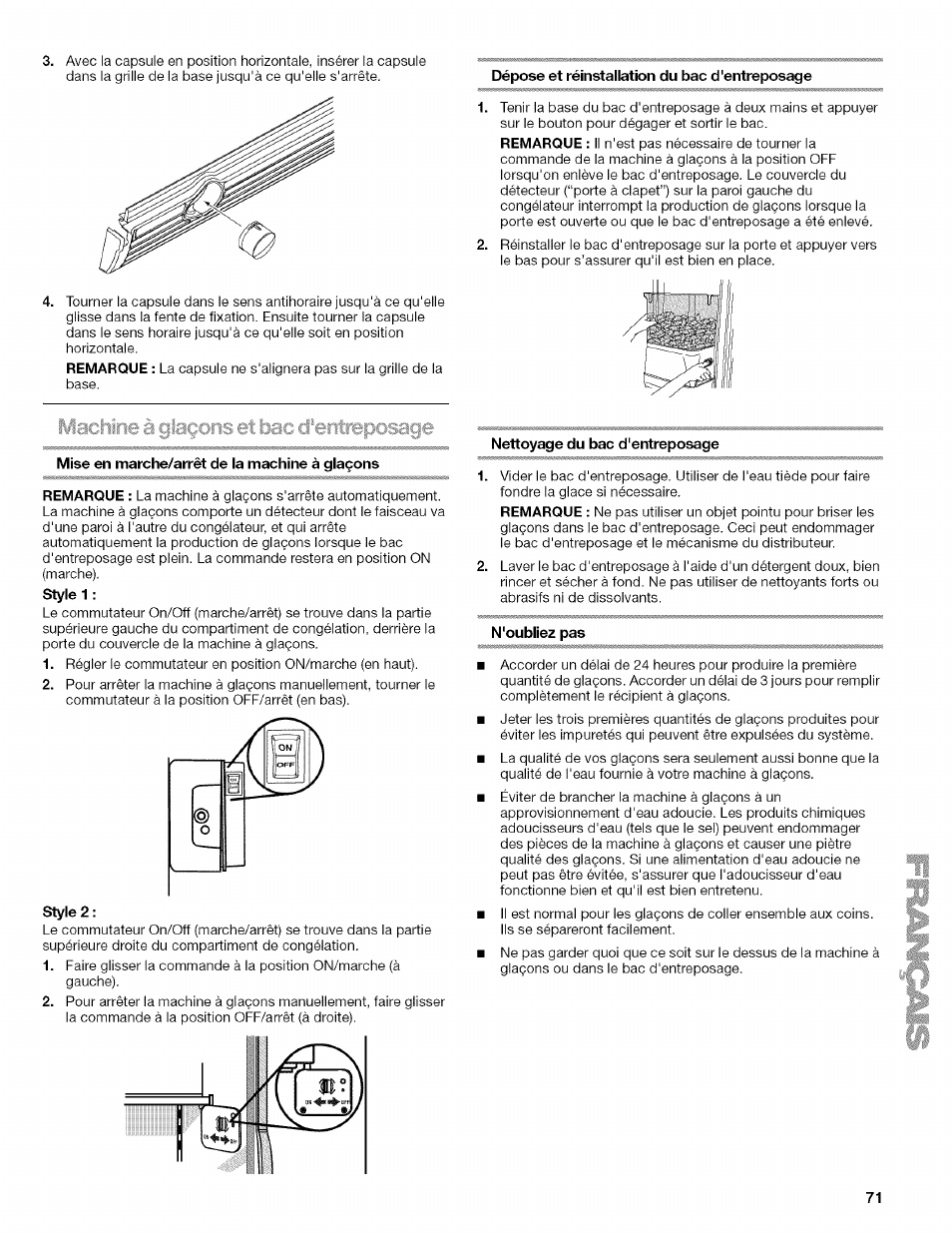 Dépose et réinstallation du bac d'entreposage, Mise en marche/arrêt de ia machine à giaçons, Styie 2 | Nettoyage du bac d'entreposage, N'oubliez pas | Kenmore 2318589 User Manual | Page 71 / 84