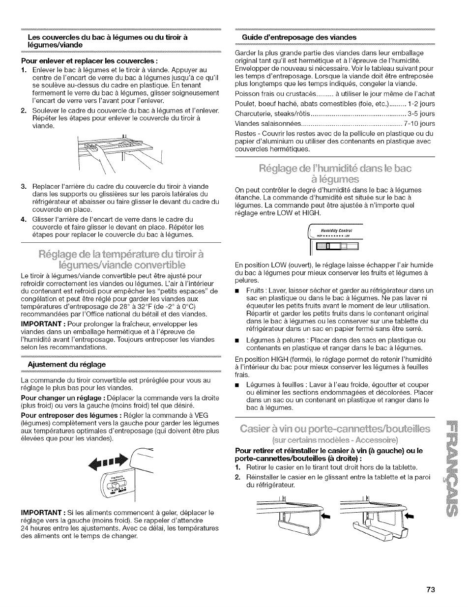 Pour enlever et replacer les couvercles, Guide d’entreposage des viandes, Ajustement du réglage | Kenmore 2318589 User Manual | Page 73 / 84