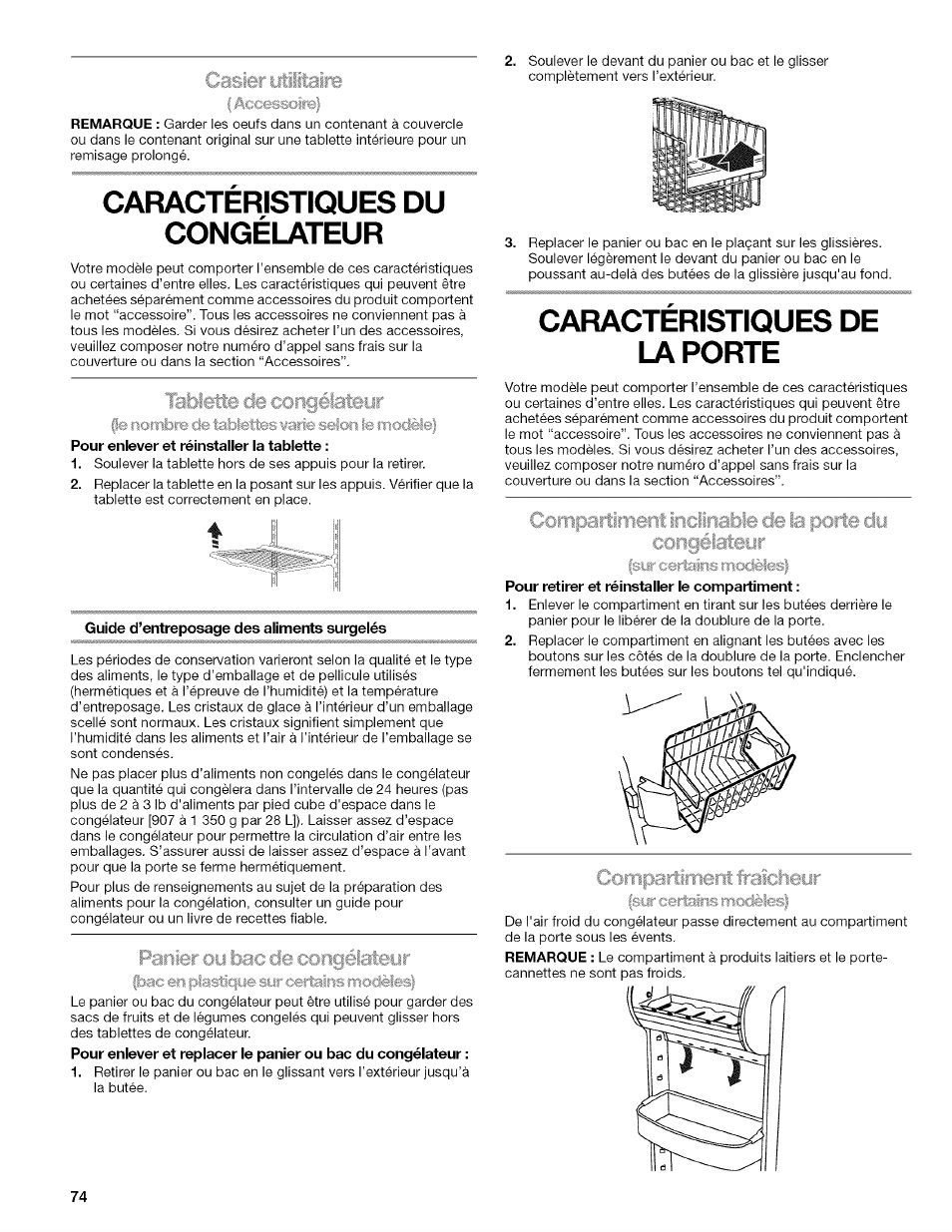 Caracteristiques du congélateur, Pour enlever et réinstaller la tablette, Guide d’entreposage des aliments surgelés | Caracteristiques de laporte, Pour retirer et réinstaller le compartiment, Caractéristiques du congélateur, Caractéristiques de la porte | Kenmore 2318589 User Manual | Page 74 / 84