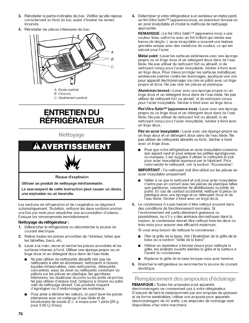 Entretien du réfrigérateur, Nettoyage | Kenmore 2318589 User Manual | Page 76 / 84