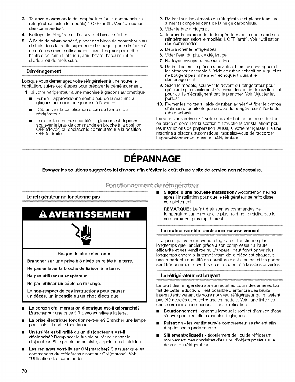 Depannage, Le moteur semble fonctionner excessivement, Le réfrigérateur est bruyant | Dépannage, Avertissement | Kenmore 2318589 User Manual | Page 78 / 84